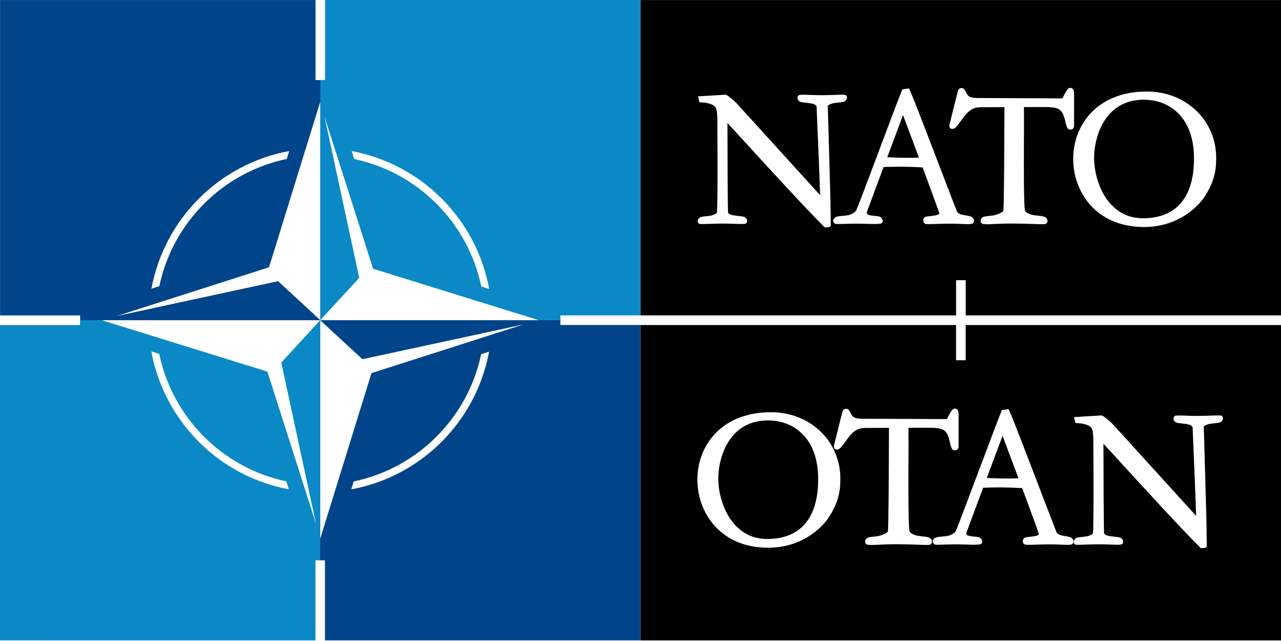 White compass rose emblem on blue quadrants beside the text "NATO" above "OTAN" in white on a black background.