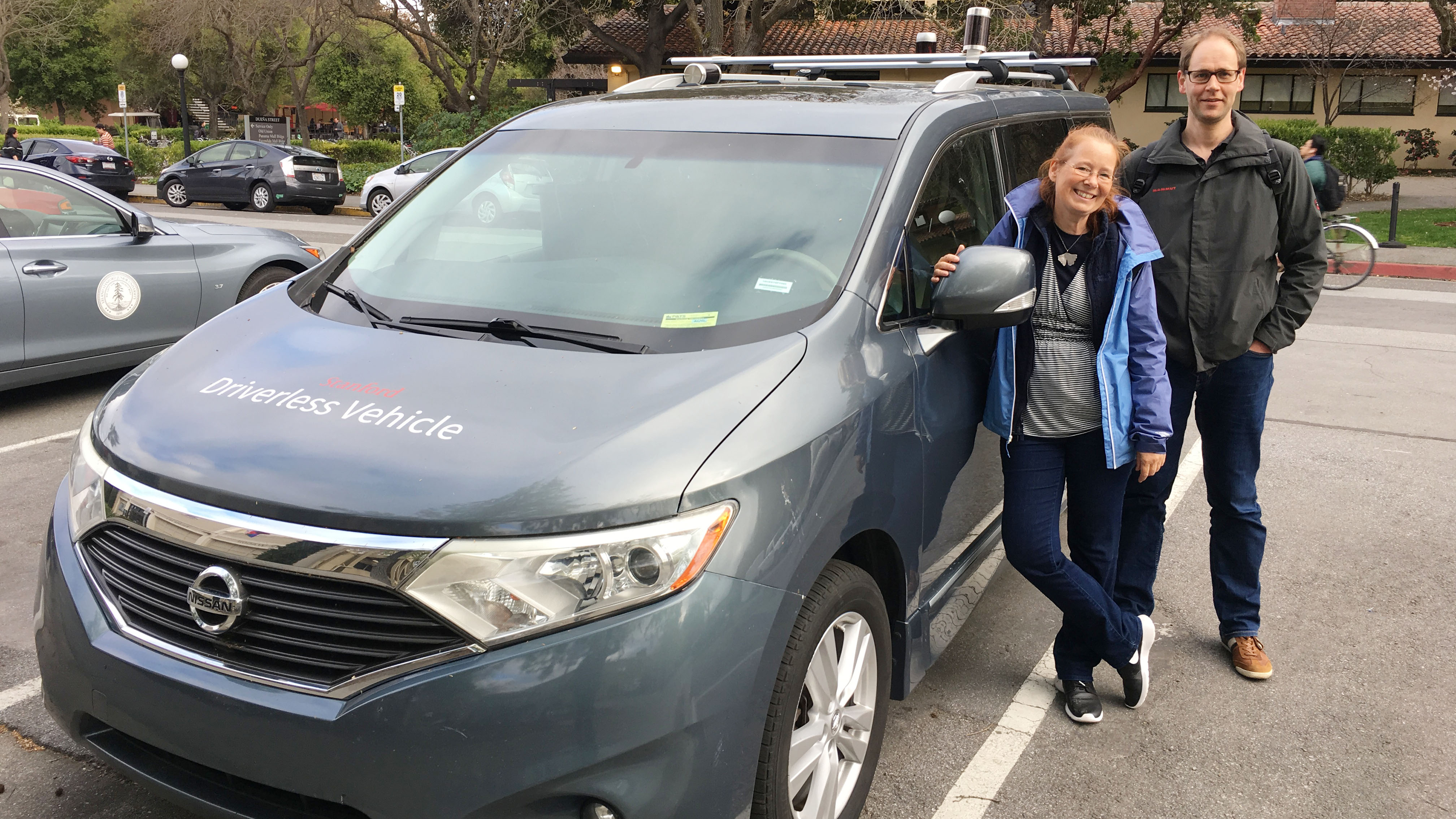 Kerstin Fischer and Kristian Mortensen with one of the ‘Stanford Autonomous Cars’ on Stanford Campus