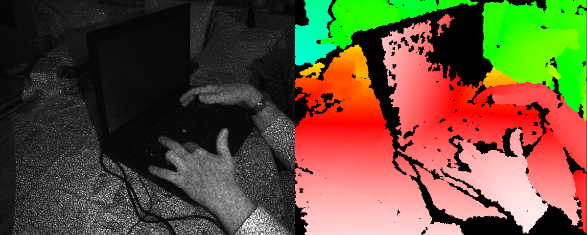 Kinect can calculate depth by projecting a laser grid (left). A depth map visualizes distances by color gradients (right). 