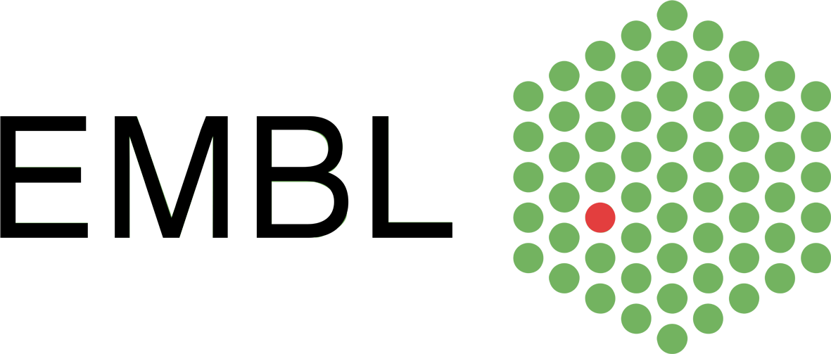 Stylized black "EMBL" logo on a green background with a small red graphic element on the right.