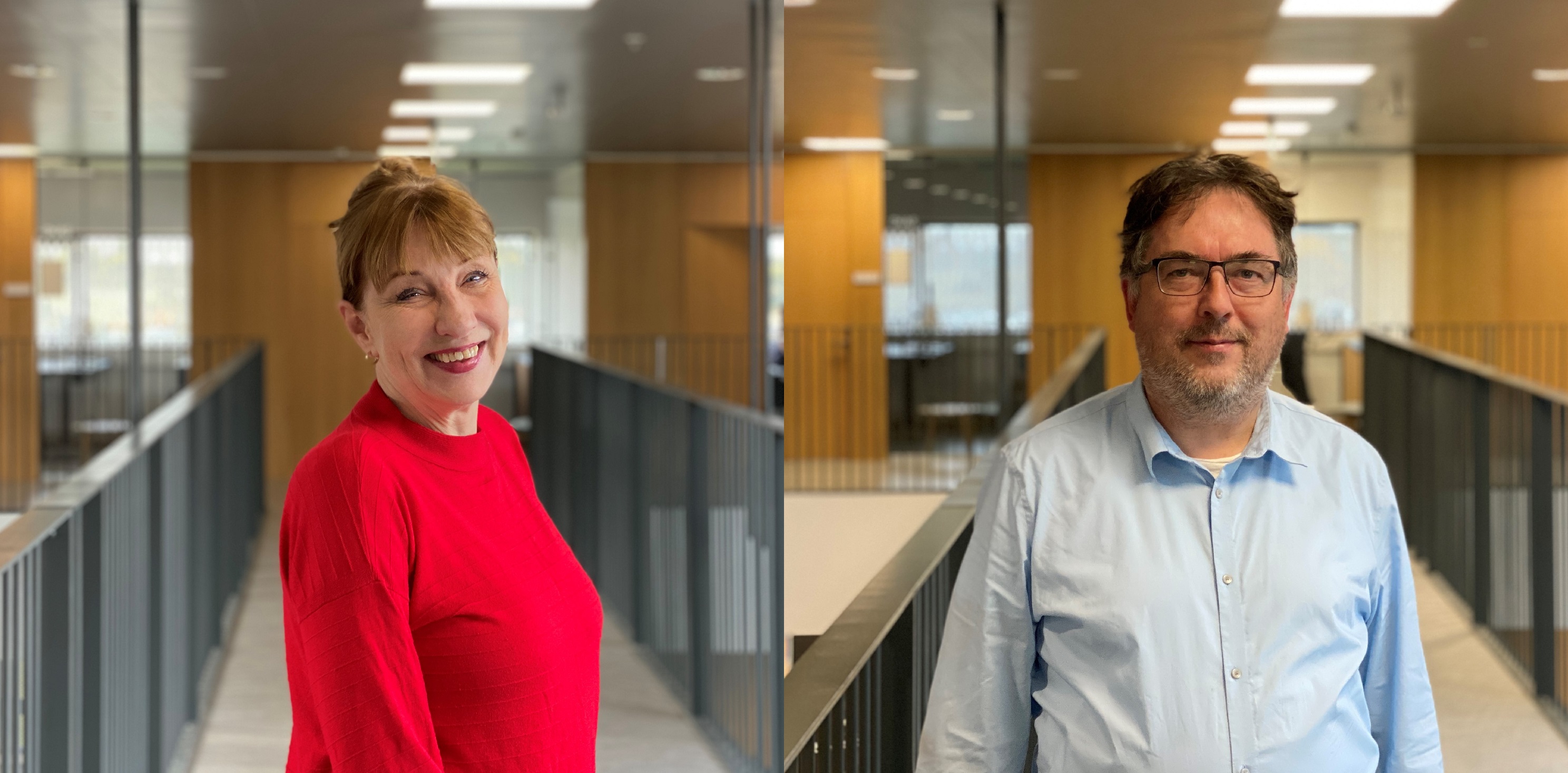 Side-by-side portraits of Annemarie og klaus petersen in a modern office hallway, with a smiling woman in a red top on the left and a man in glasses and a light blue shirt on the right.