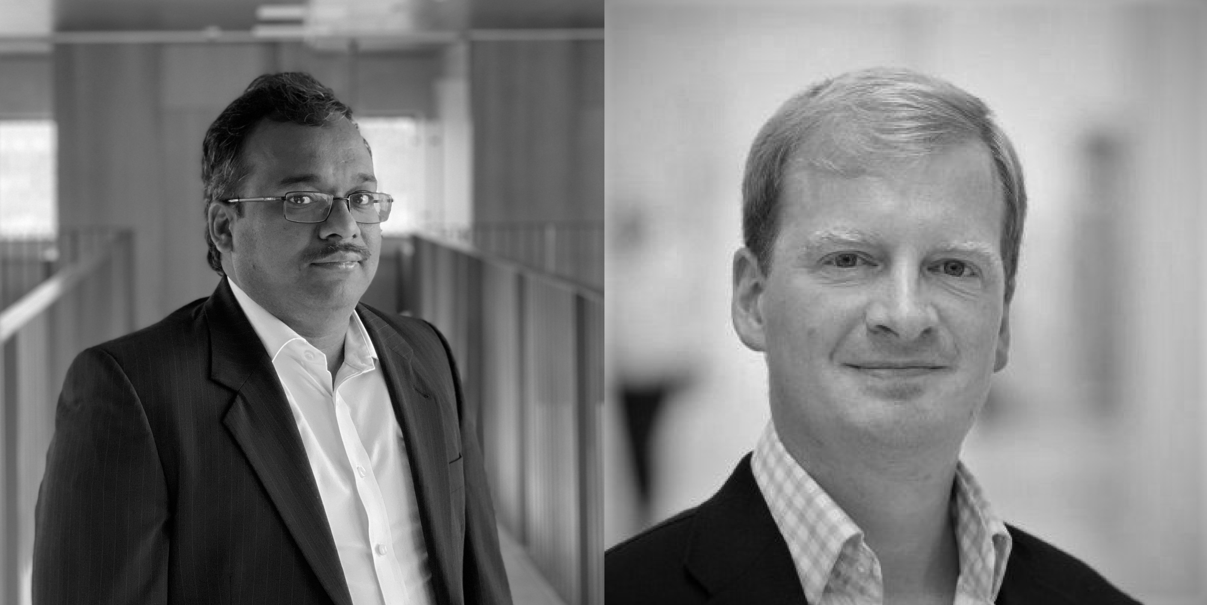 Black-and-white side-by-side portraits of two men in business attire in indoor office settings, identified in context as Kannan and Nicolai.