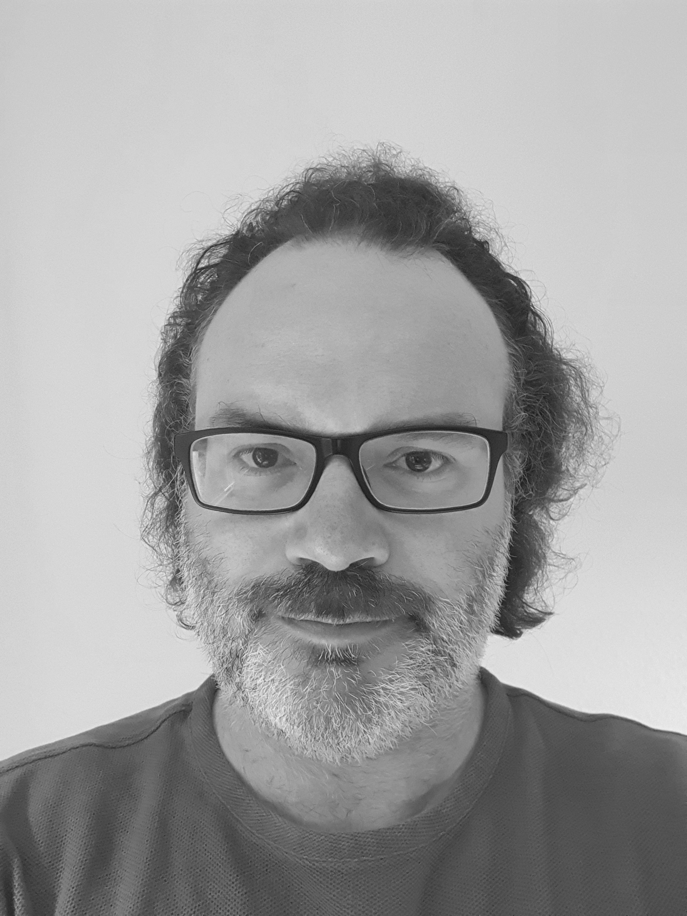 Portræt af en mand med briller, krøllet hår og skæg, iført en tekstureret trøje. Gæsteforsker ved Danish Institute for Advanced Study.