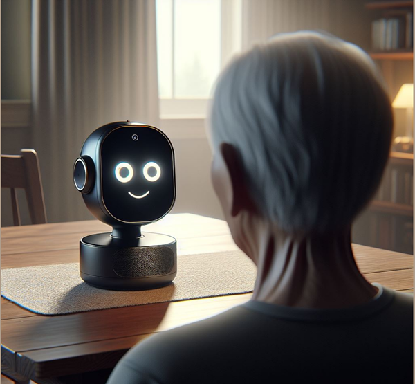 Illustration af en ældre person med hvidt hår, der sidder ved et træbord og kigger på en lille sort robot med et rundt hoved og lysende øjne og mund, der danner et smilende ansigt. Rummet er blødt oplyst, med et vindue i baggrunden, der tillader naturligt lys at komme ind.