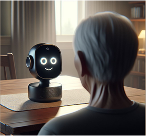 Illustration of an elderly person with white hair sitting at a wooden table, facing a small black robot with a round head and glowing eyes and mouth that form a smiling face. The room is softly lit, with a window in the background allowing natural light to enter.