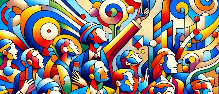 DIEM research project colorful illustration of people interacting with mobile phones