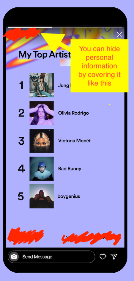 screenshot of the view of sharing the wrapped top 5 artists. illustration shows all personal data like user name removed.