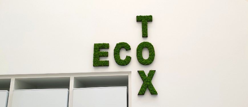 Green moss letters “ECO” with “T” above and “X” below on a white wall Green textured letters “ECO” on a white wall with “T” above and “X” below.