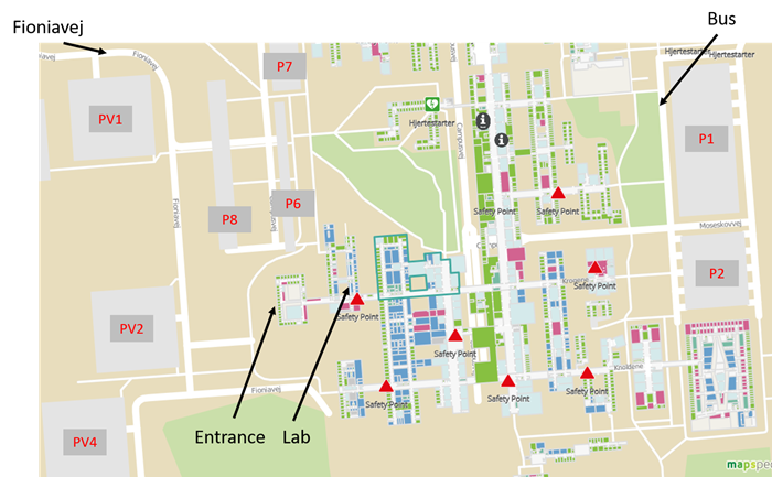 Map of entrence and parking lot close to Grøntved lab