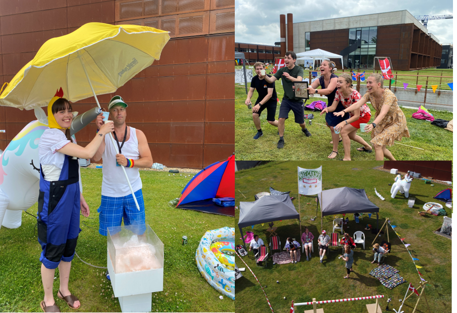 Collage of an outdoor festival with two people under a yellow umbrella, a group playing a game, and an overhead view of tents and attendees on grass.