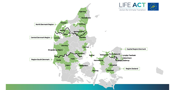 Danmarkskort med oversigt over partnere i LIFE ACT.