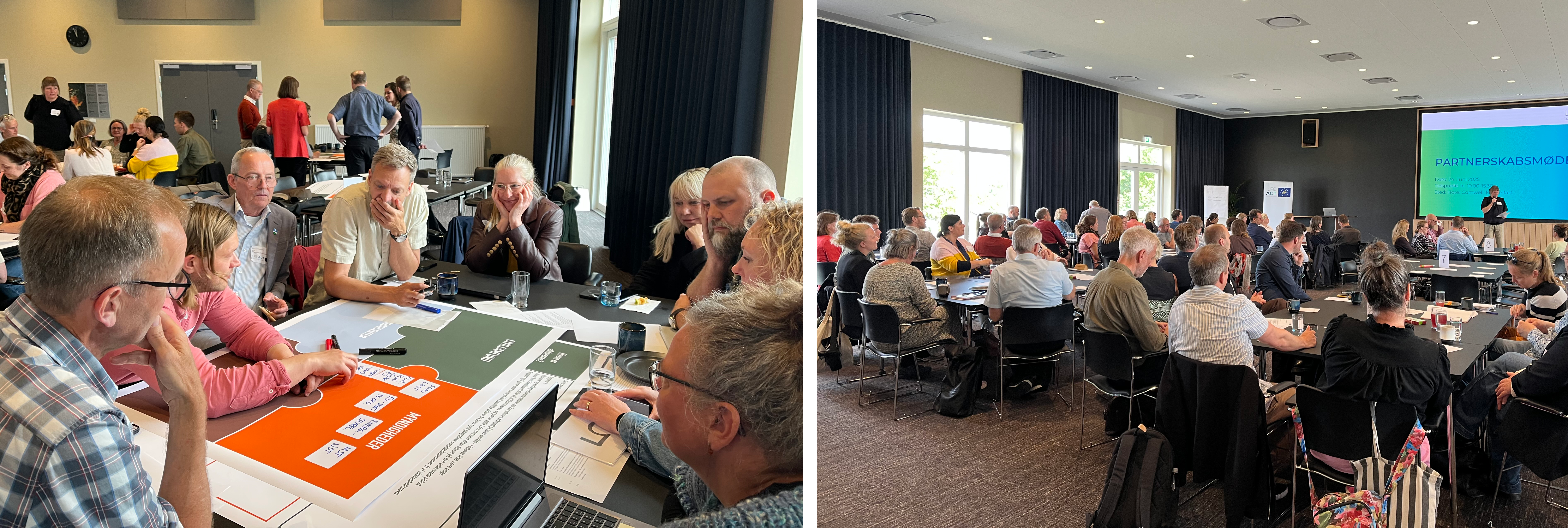 til venstre billede fra workshop og til højre billede af velkomst til partnerskabsmøde