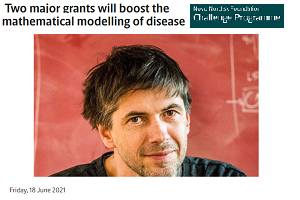 Portrait of a man in an article image with the text "Two major grants will boost the mathematical modelling of disease," "Novo Nordisk Foundation Challenge Programme," and "Friday, 18 June 2021."