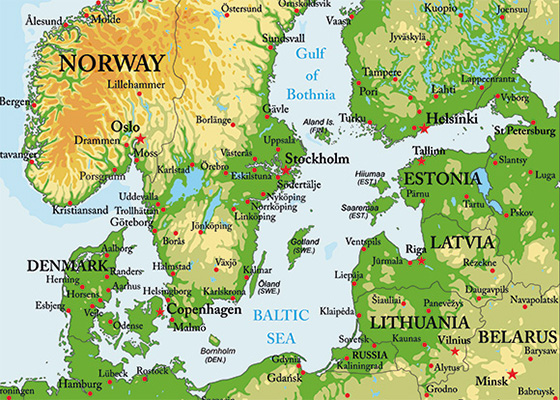 Kort over Østersøen og de omkringliggende lande.