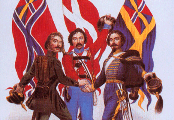 Historical illustration of Norway, Sweden, and Denmark as brother nations.