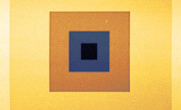 AFM image of a micro pyramid-like structure with concentric orange, blue, and dark squares on a light yellow background.