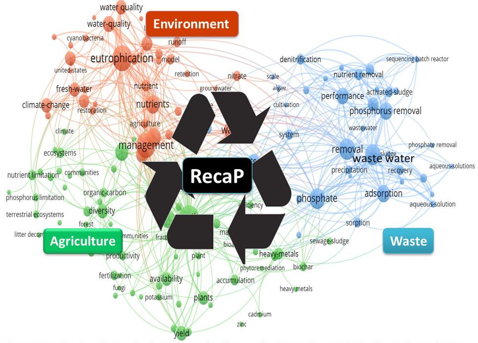 Concept network diagram with a central recycling symbol labeled "RecaP," connecting three colored clusters titled "Environment," "Agriculture," and "Waste."