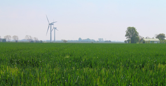 Windmills standing on grass close to a house