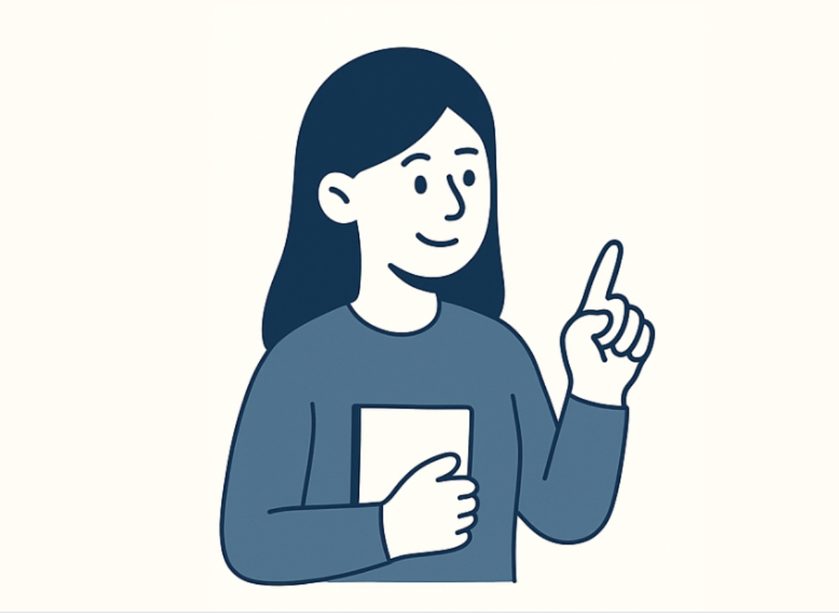 Illustration af kvinde, der holder en bog og løfter pegefingeren.
