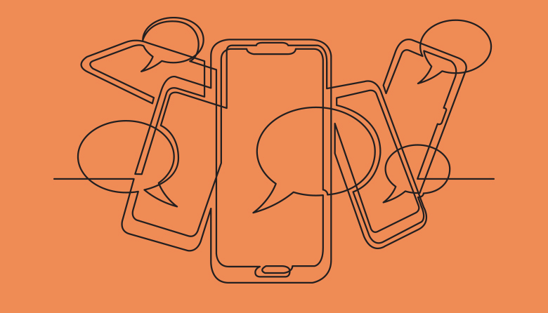 Stregtegning af en stak iPhones med talebobler