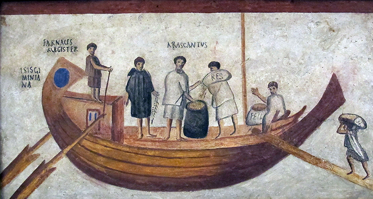 Kalkmaleri af romere ombord på en båd.