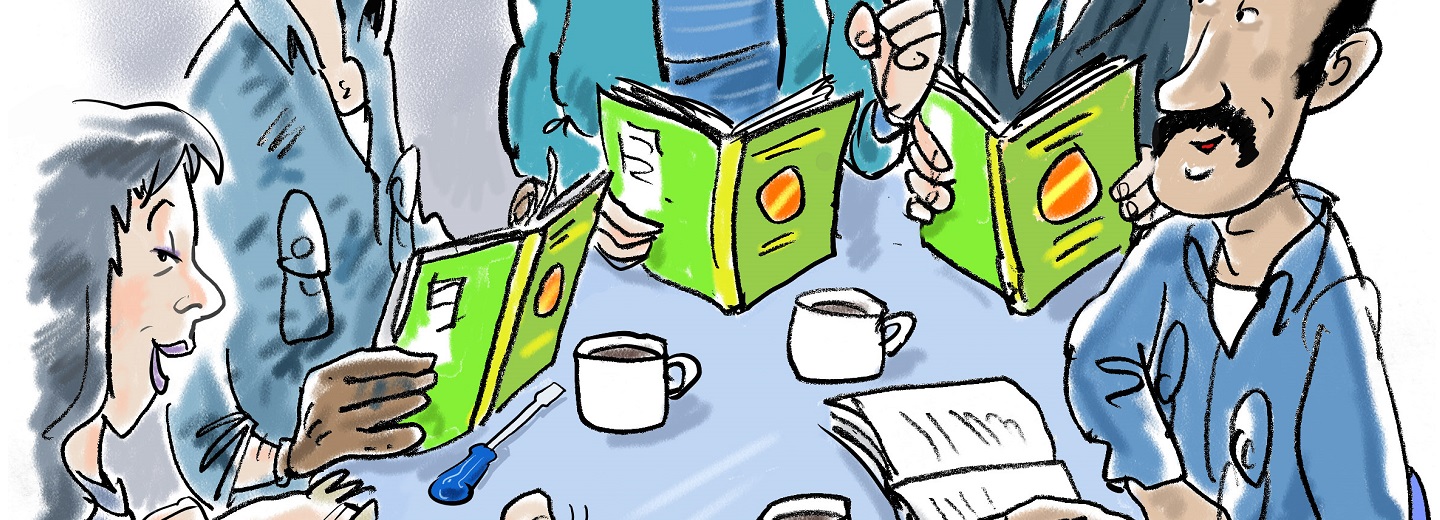 Illustration af en bogklub, hvor flere personer sidder ved et bord med grønne bøger, kopper, en åben bog og en skruetrækker.
