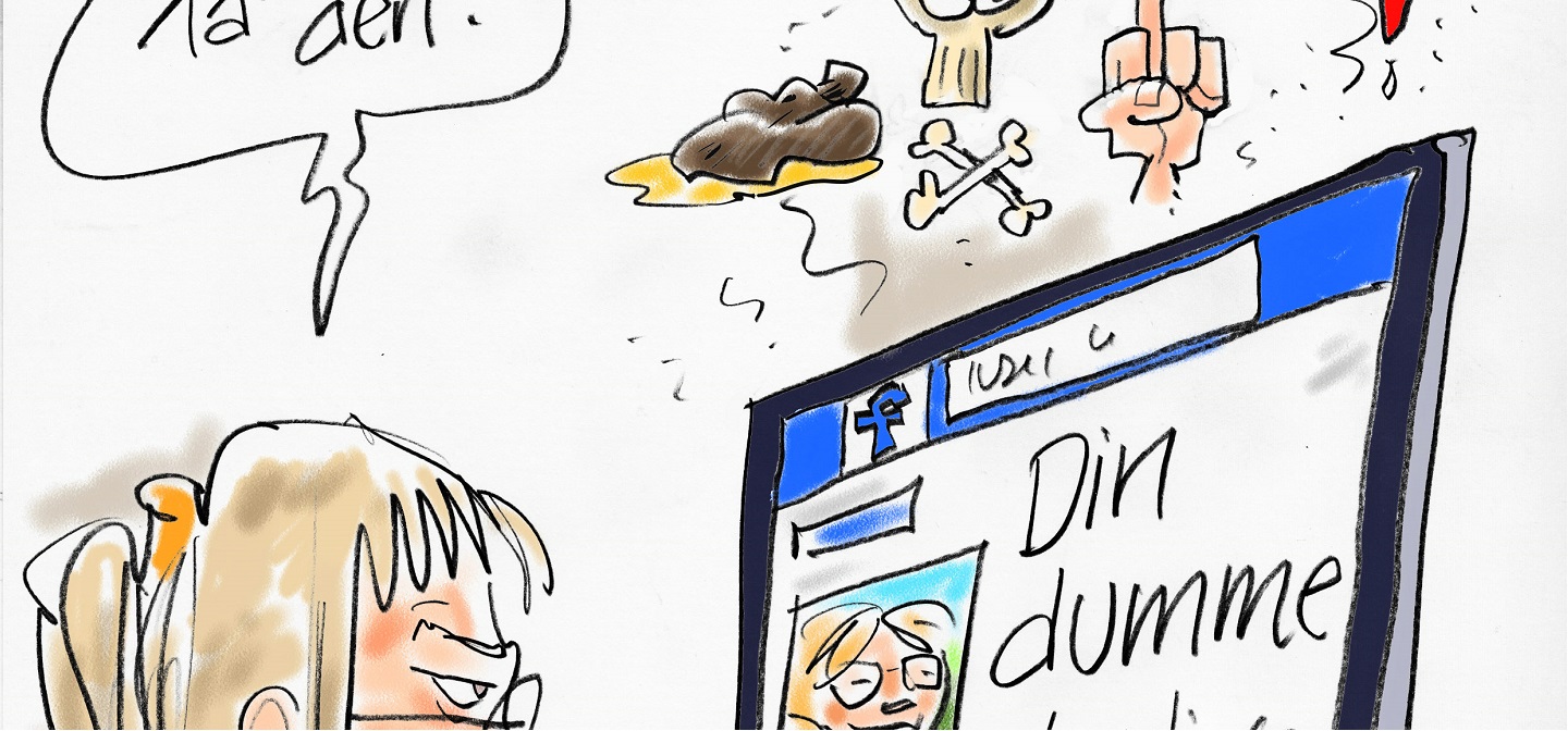 Håndtegnet scene med en Facebook-lignende side, hvor teksten "Din dumme" vises ved siden af en person og truende symboler.