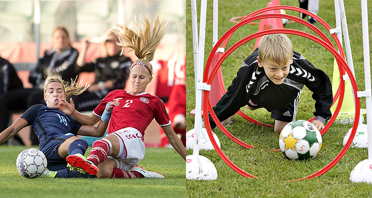 Billedet viser to kvindelige fodboldspillere i en takling og en ung dreng, der træner fodbold.
