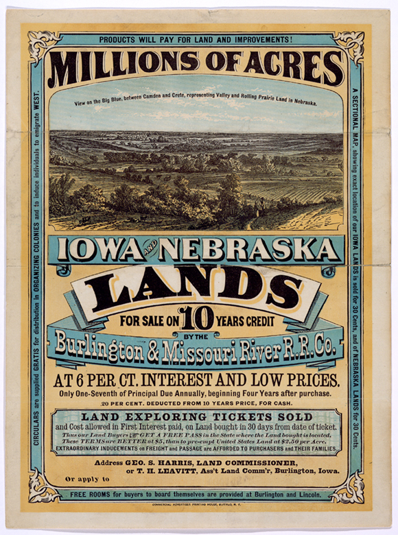 En reklame fra 1872, hvor der udbydes jord i Iowa og Nebraska, hvor mange danske udvandrere bosatte sig