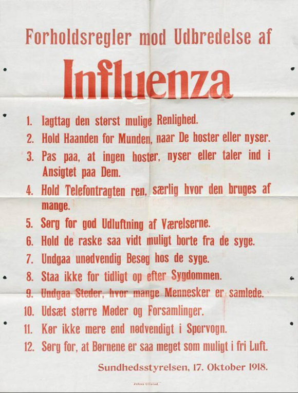 Billede af Sundhedsstyrelsens plakat med forholdsregler mod influenza dateret den 17. oktober 1918. 