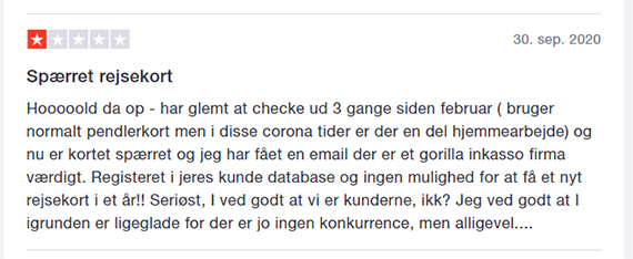 Screenshot fra truspilot.dk, hvor Rejsekortet får en meget dårlig anmeldelse.