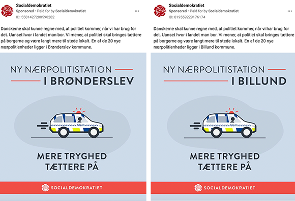 Eksempel på forskellige Facebook-annoncer afhængig af geografi