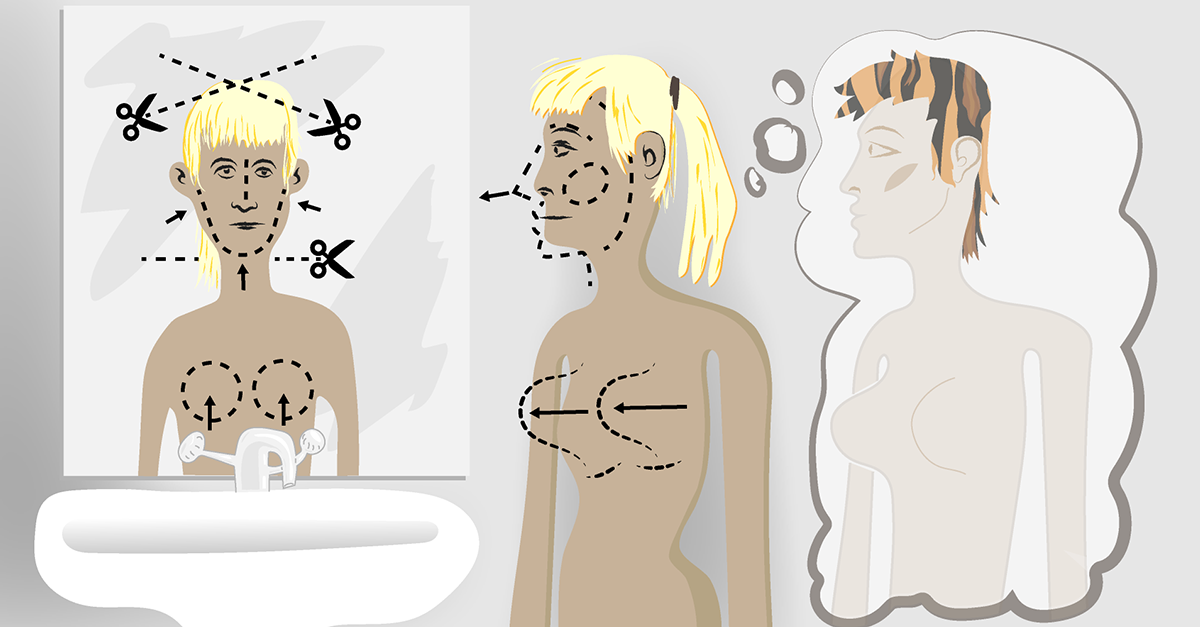 Grafisk illustration af kvinde, der overvejer plastikoperationer