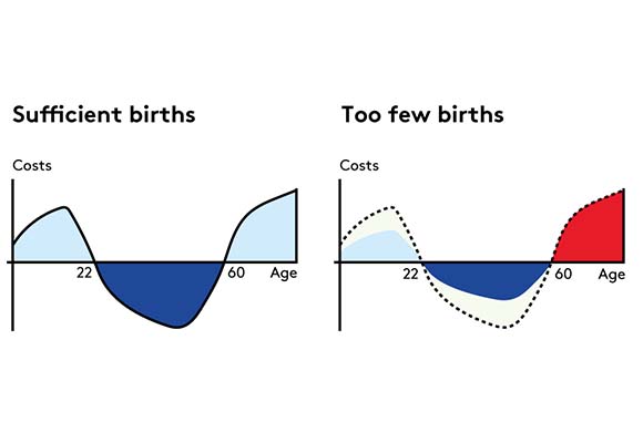 The figure outlines the costs and benefits of having sufficient births and too few births