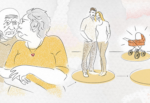 Illustration med bedsteforældre og kommende forældre