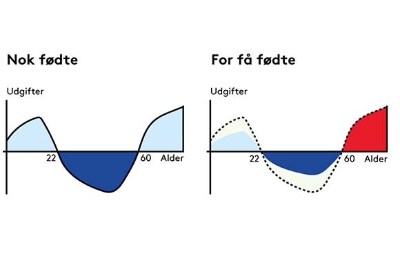 Figuren viser udgifter og indtægter ved nok fødte og for få fødte børn