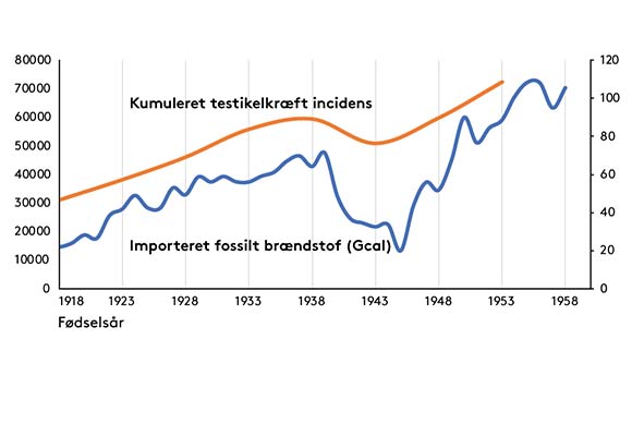 Figuren sammenholder import af fossile brændstoffer og samlet testikelkræft-incidens for hver fødselsårgang. 