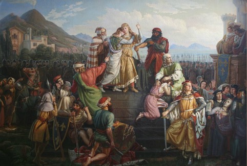 Historical painting showing a ceremonial crowd gathered around central figures on stone steps, with mountains and buildings behind them.