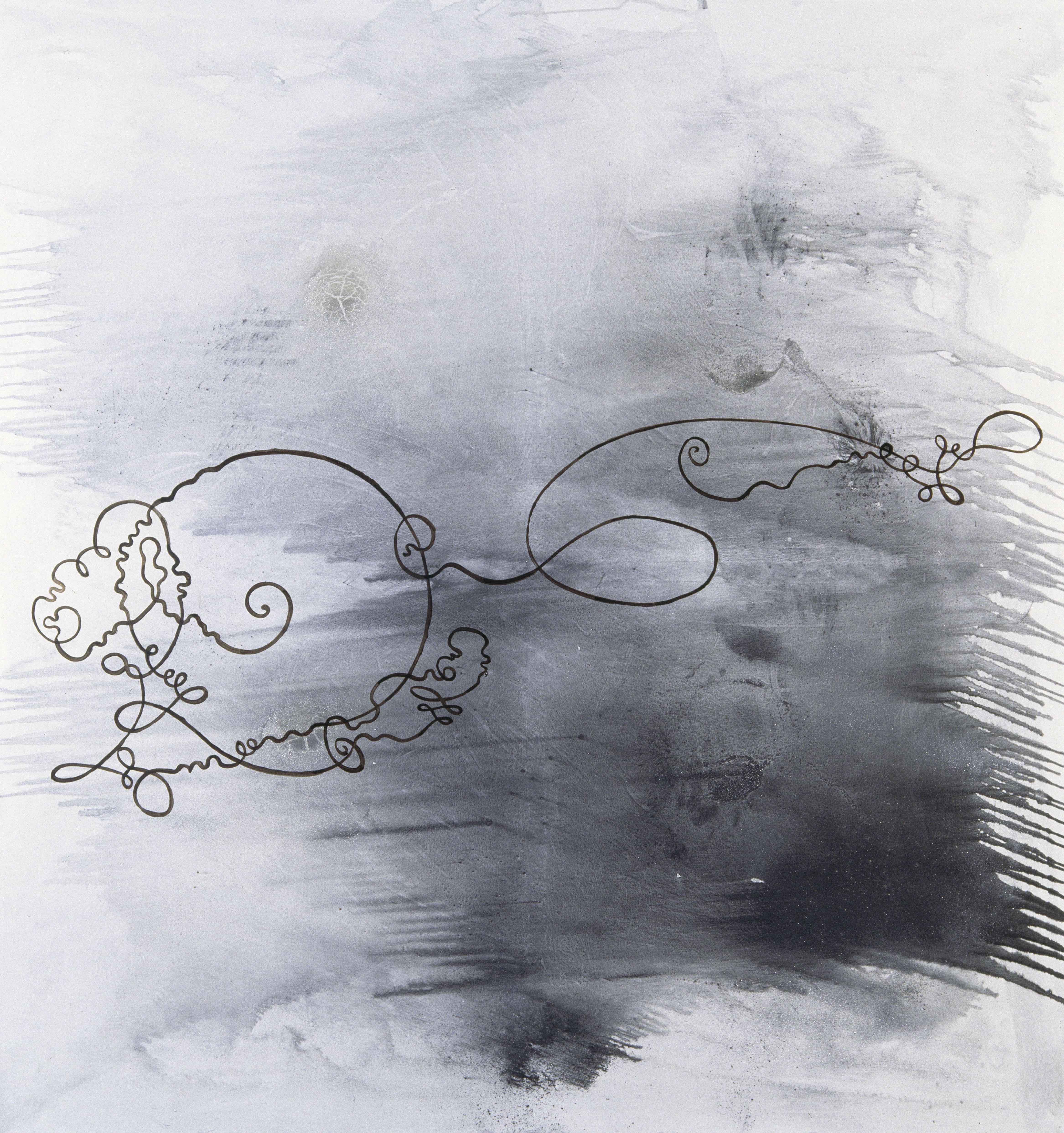 Abstract gray and black painted background with a continuous looping line drawing forming organic, decorative shapes.