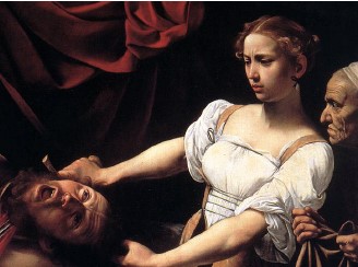 Baroque-style painting of a young woman in white holding a severed head while an older woman stands beside her.