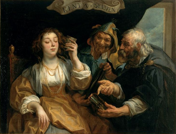 Historical painting of a seated woman with two older men, with the sign "KENT V. SELEVEN" above them.