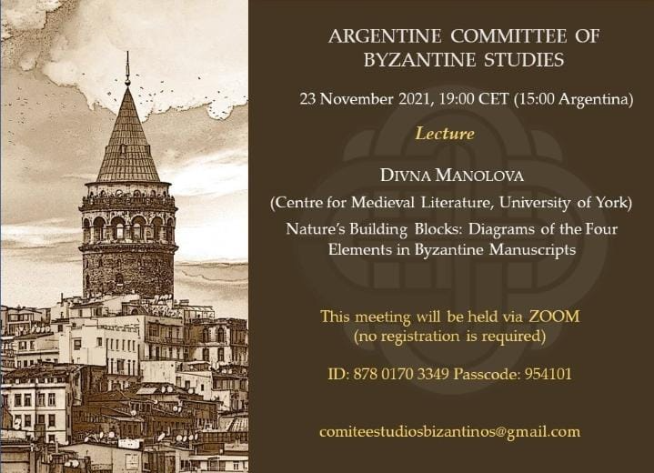 Event poster with a sepia illustration of a tower and city on the left and lecture details on the right for ARGENTINE COMMITTEE OF BYZANTINE STUDIES featuring DIVNA MANOLOVA on 23 November 2021.