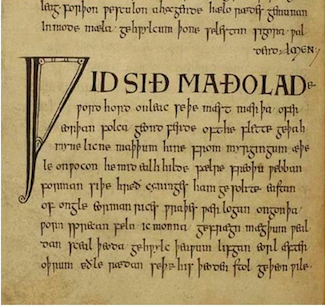 Medieval manuscript page with a large ornamental initial and handwritten black text on parchment, including “ID SIÐ MADOALDE”.