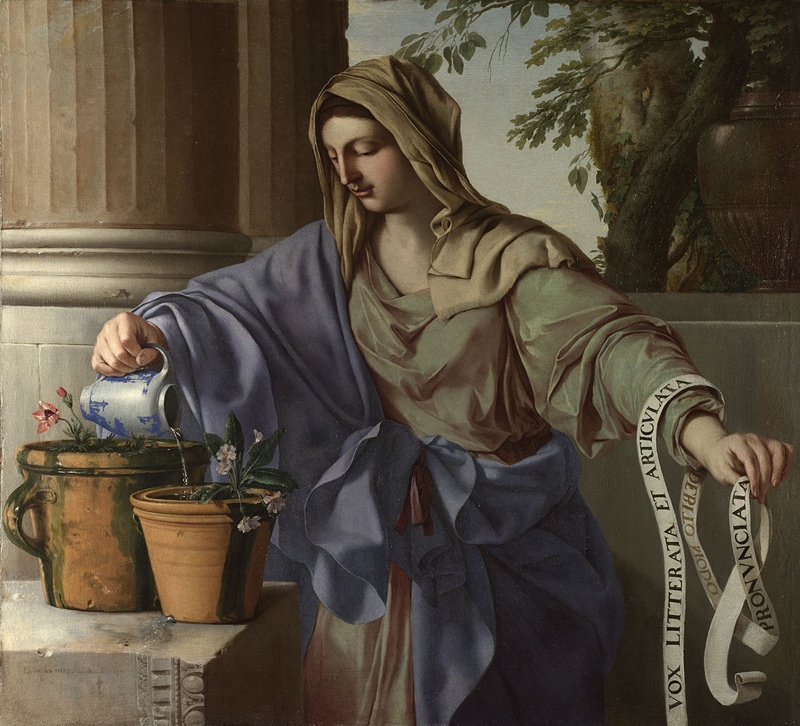 Classical painting of a woman in flowing robes pouring water into potted plants while holding a scroll, with columns and foliage behind her.