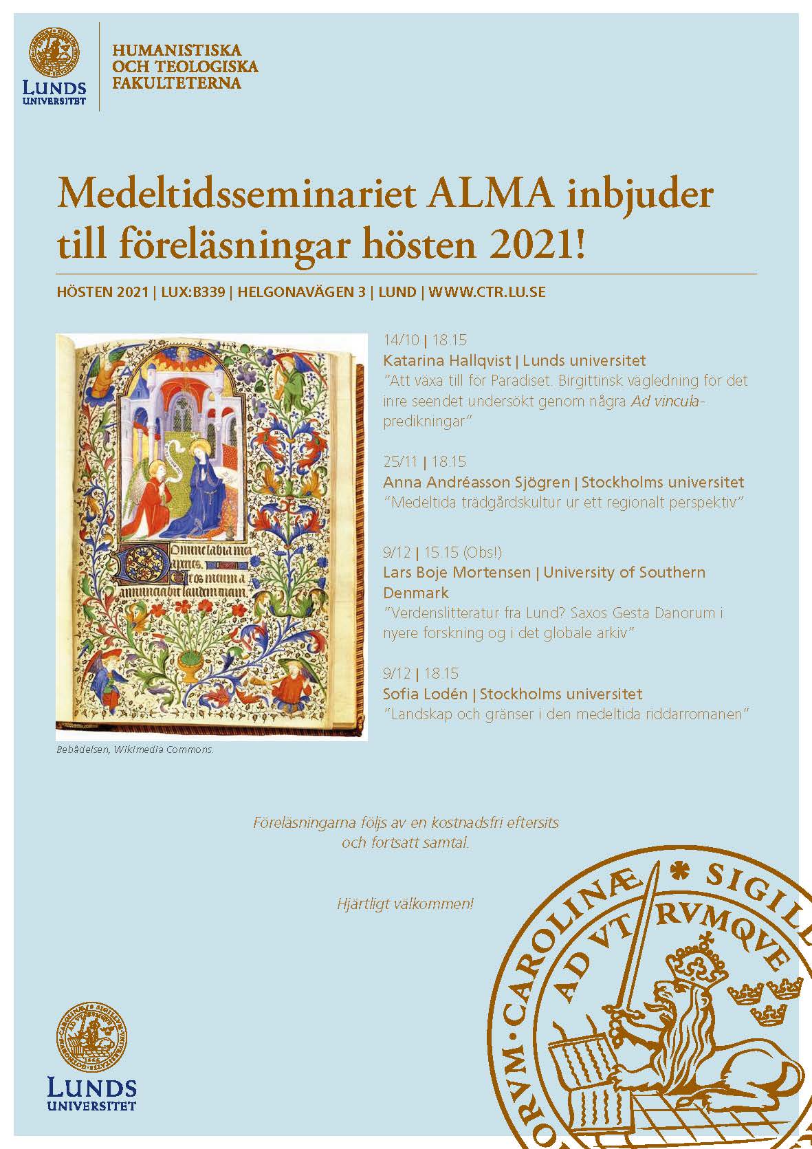 Poster from Lunds universitet titled “Medeltidsseminariet ALMA inbjuder till föreläsningar hösten 2021!” with a schedule of four lectures, a medieval manuscript illustration, and university logos and seals.