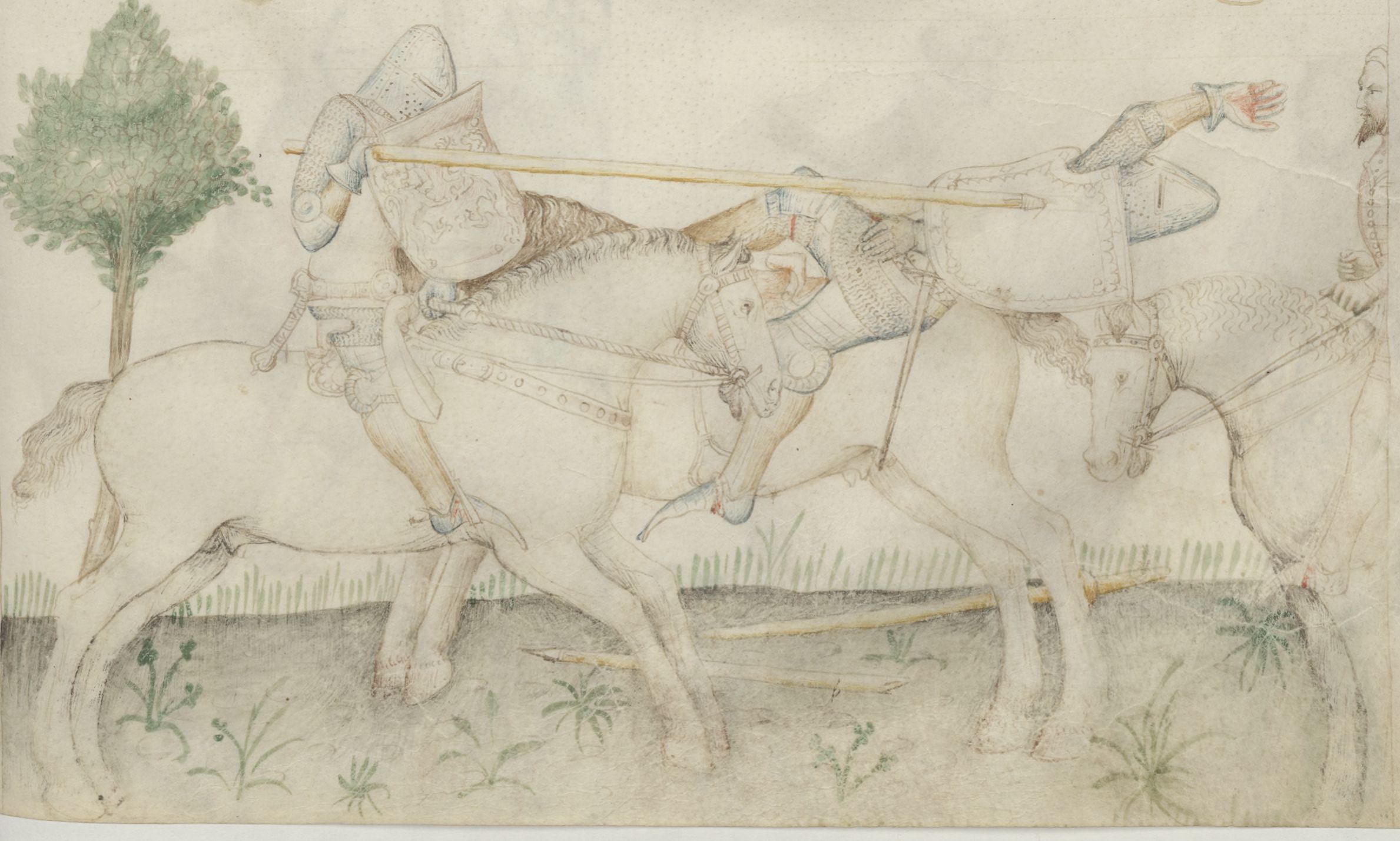 Medieval manuscript illustration of two jousting knights on horseback, with one knight being unhorsed by a lance.