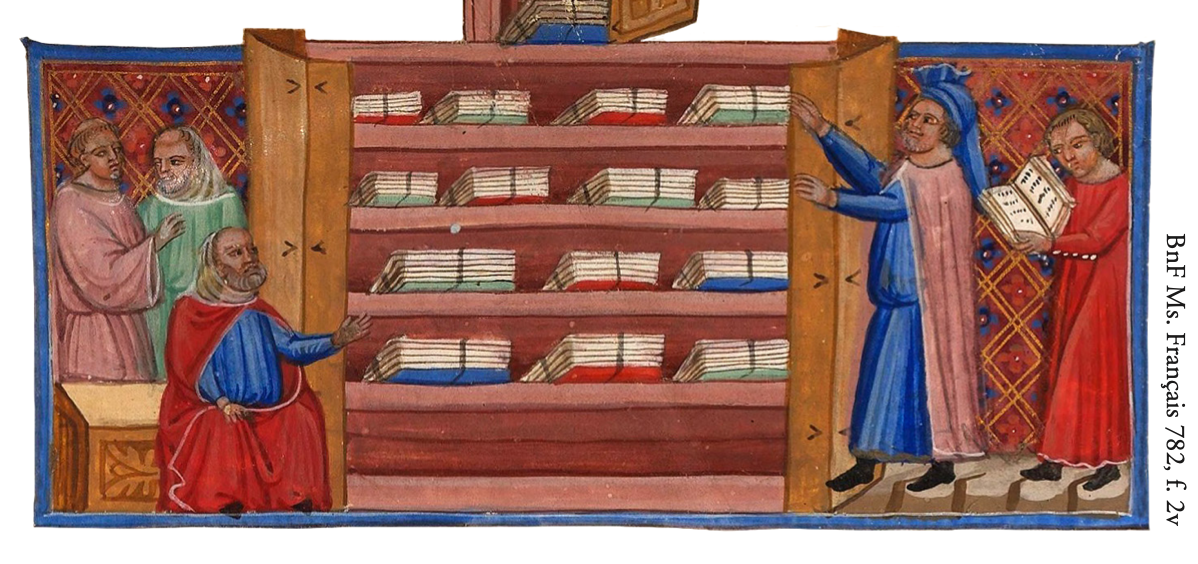 Medieval illuminated manuscript showing people beside an open cabinet filled with stacked books, with one figure holding an open book and the text "BnF Ms. Français 782, f. 2v" along the right margin.