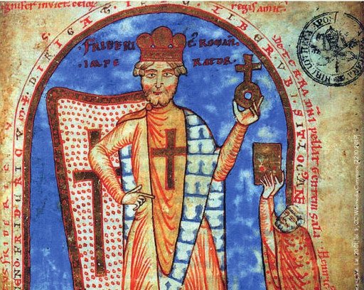 Medieval illuminated manuscript showing a crowned ruler on a throne holding an orb with a cross, with a smaller figure offering a book beside him.