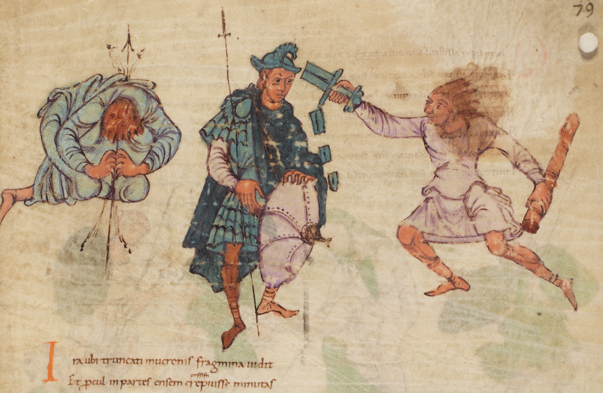 Medieval manuscript illustration on parchment with three figures, including a central blue-clad figure with spear and shield, beside handwritten text reading "79" and partial Latin lines at the bottom.