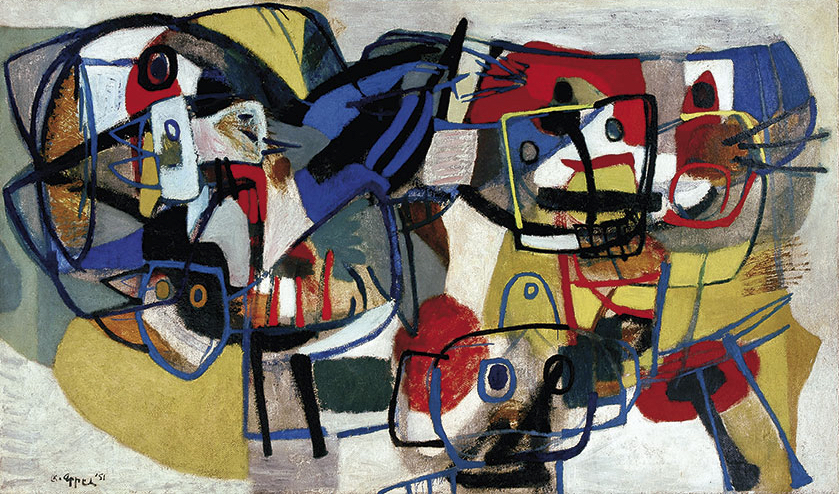 Abstract painting of interlocking face-like shapes in red, blue, yellow, white, and black, with the signature "Georges '51" in the lower left corner.